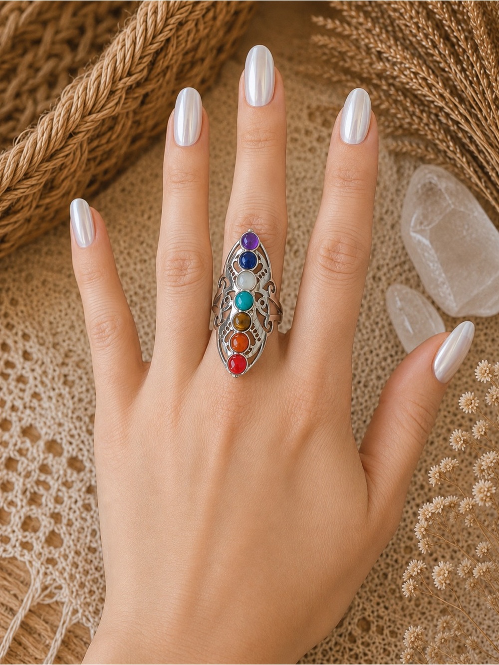 NWOT Rainbow Chakra Stone Ring Silver Tone Adjustable Boho Festival - Picture 4 of 11